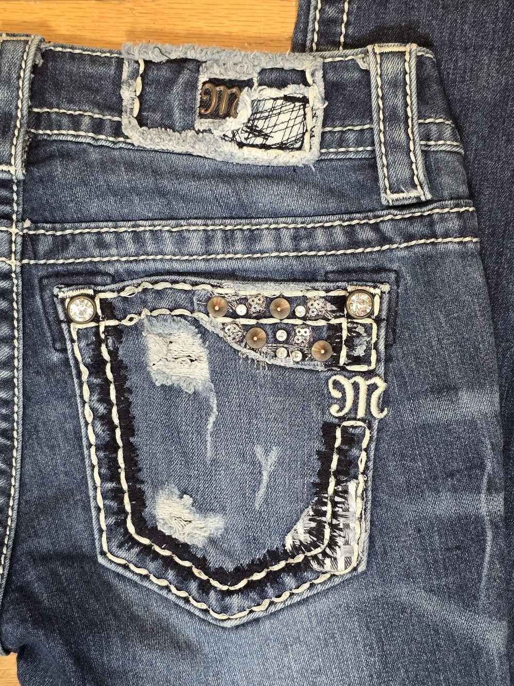 Miss Me Dark Blue Bootcut Jeans with Studded Front Pockets - Picture 6 of 7